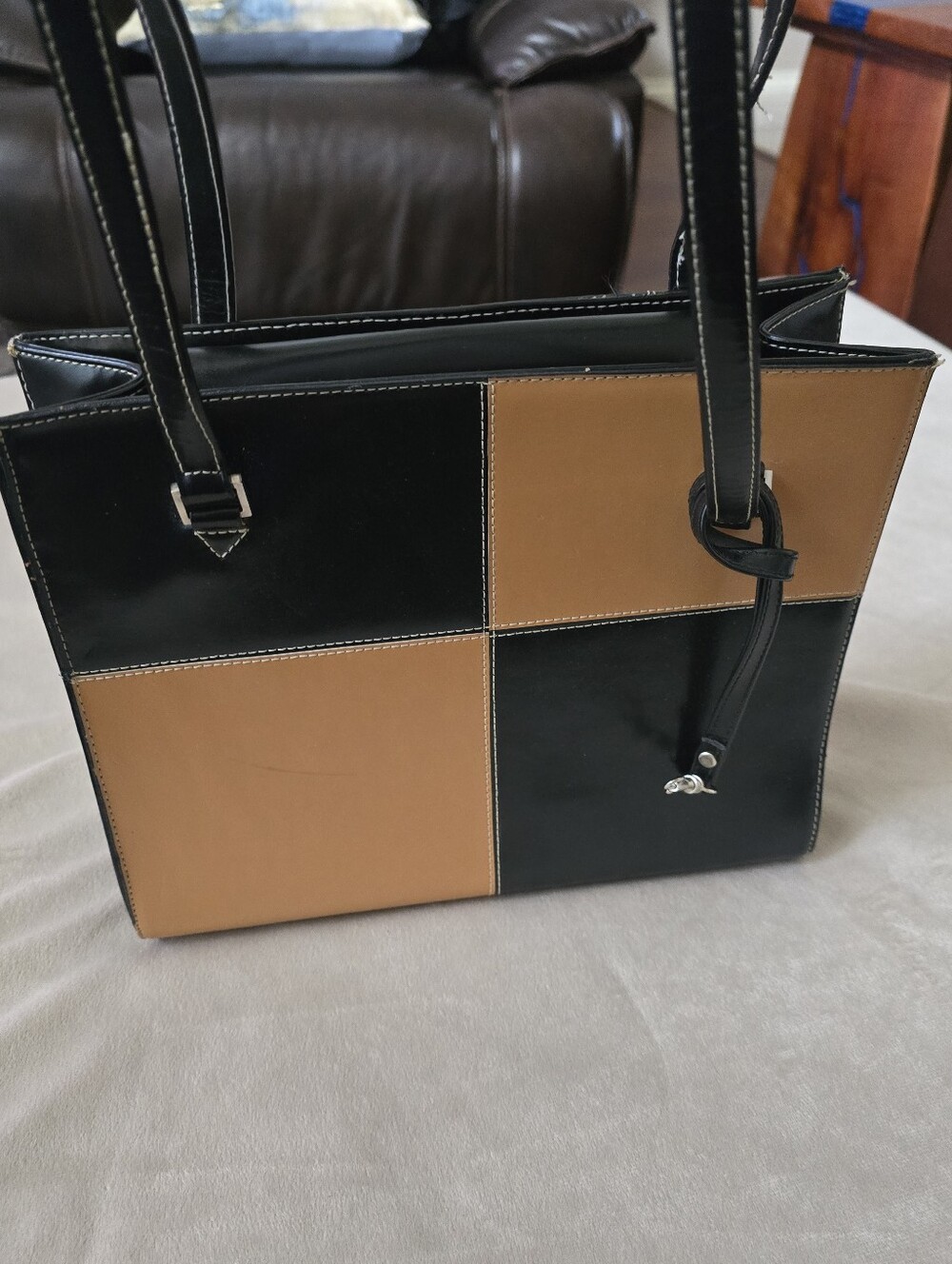 Vintage Black & Tan Patchwork Tote Bag - Women 11 X 9 X3 Inches